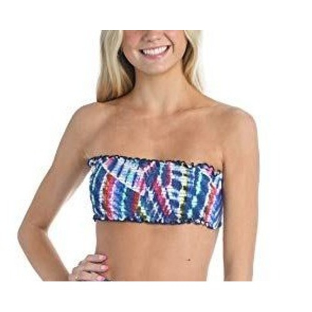 Hobie‎ Bandeau Bikini Top Womens Small Blue Multi Ruffle Smocked 823 NWT